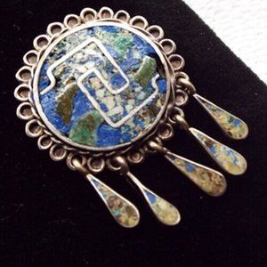 TAXCO MEXICO STERLING 3-BELL MARK TURQUOISE INLAY MEDALLION PIN OR PENDANT 58